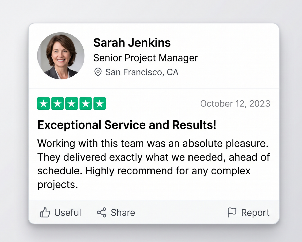 Senior Project Manager Sarah Jenkins from San Francisco gives lihi a 5-star review for exceptional service and delivering results on time for complex projects.