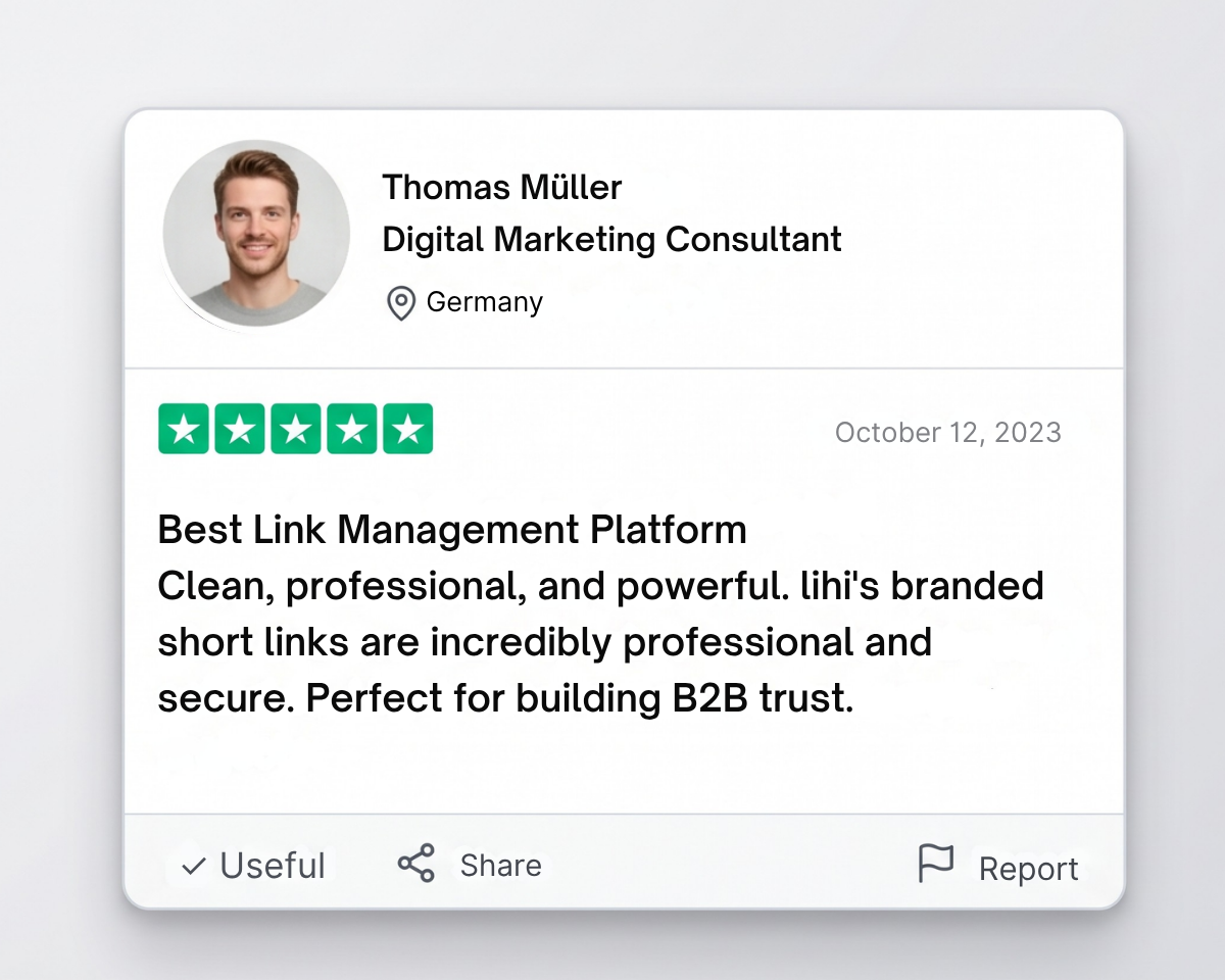Digital Marketing Consultant Thomas Müller from Germany recommends lihi branded short links as a clean, professional, and secure platform for building B2B trust.