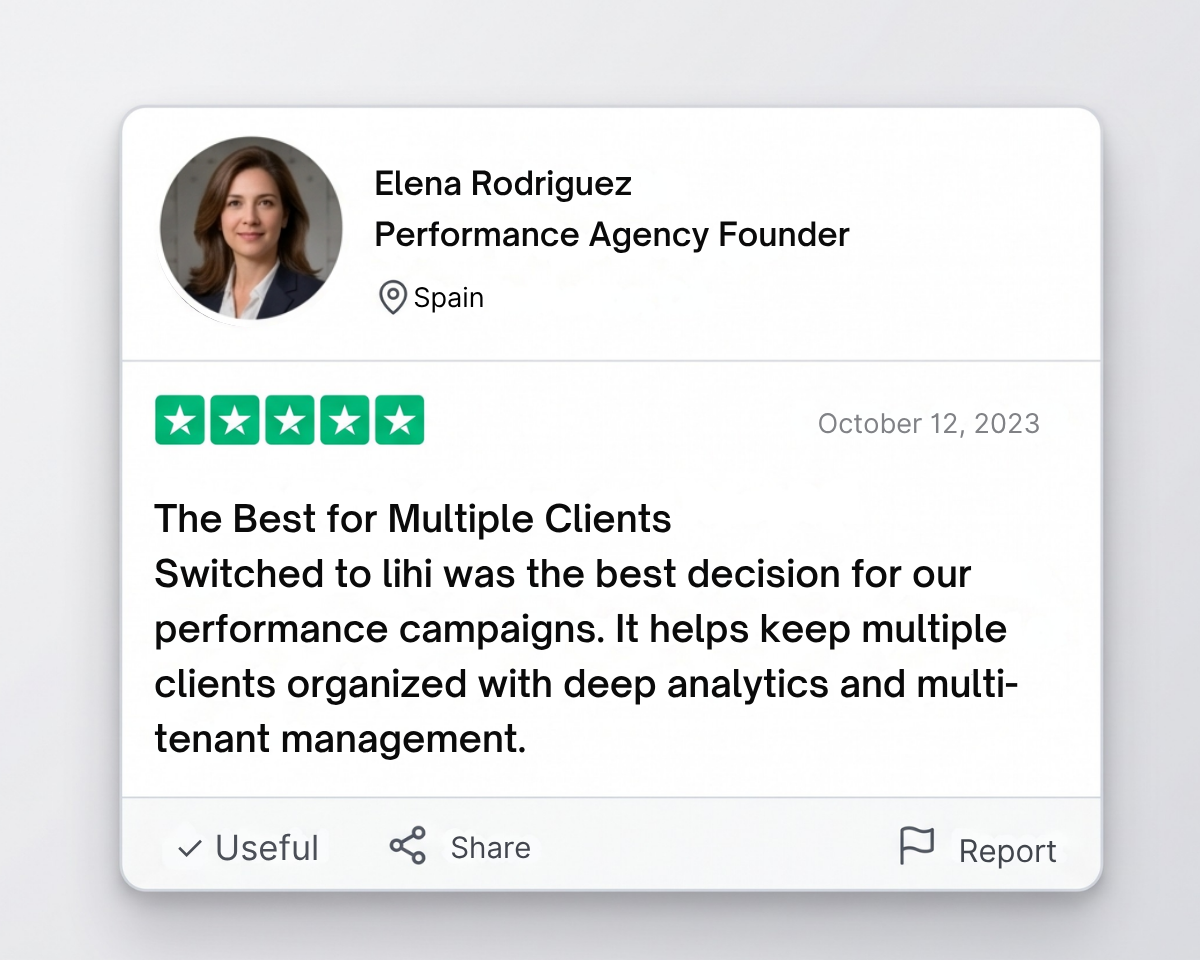 Performance Agency Founder Elena Rodriguez from Spain highlights lihi's multi-tenant management and deep link analytics for serving multiple clients in performance campaigns.